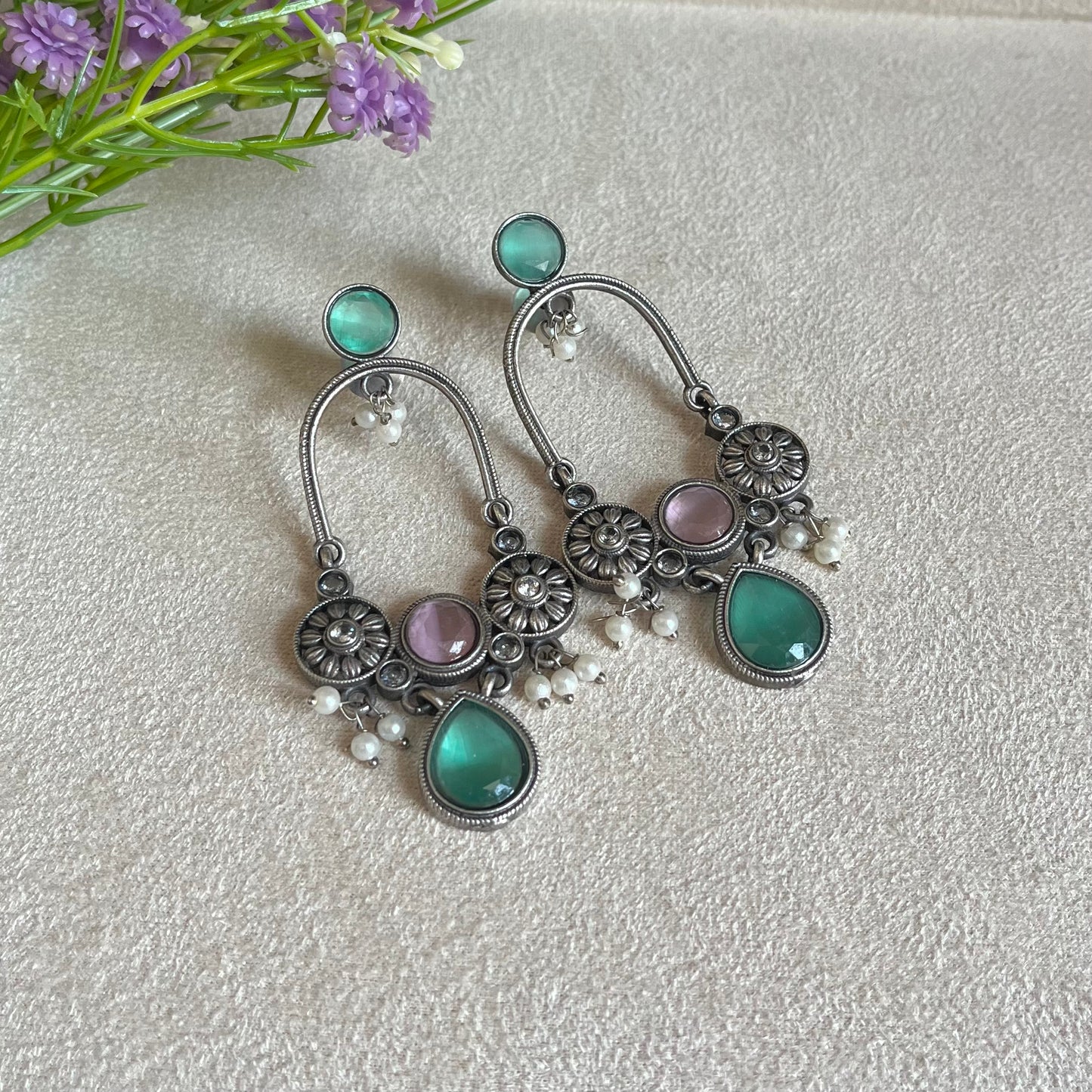 Mint & Pink Stone Drop Earrings