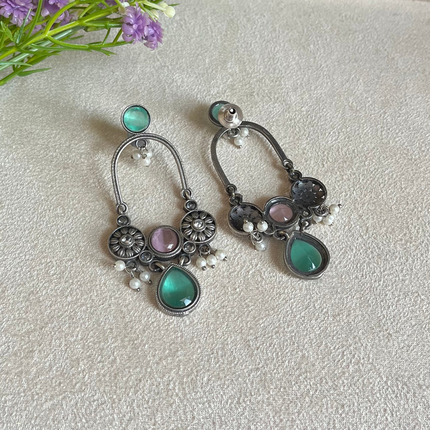 Mint & Pink Stone Drop Earrings