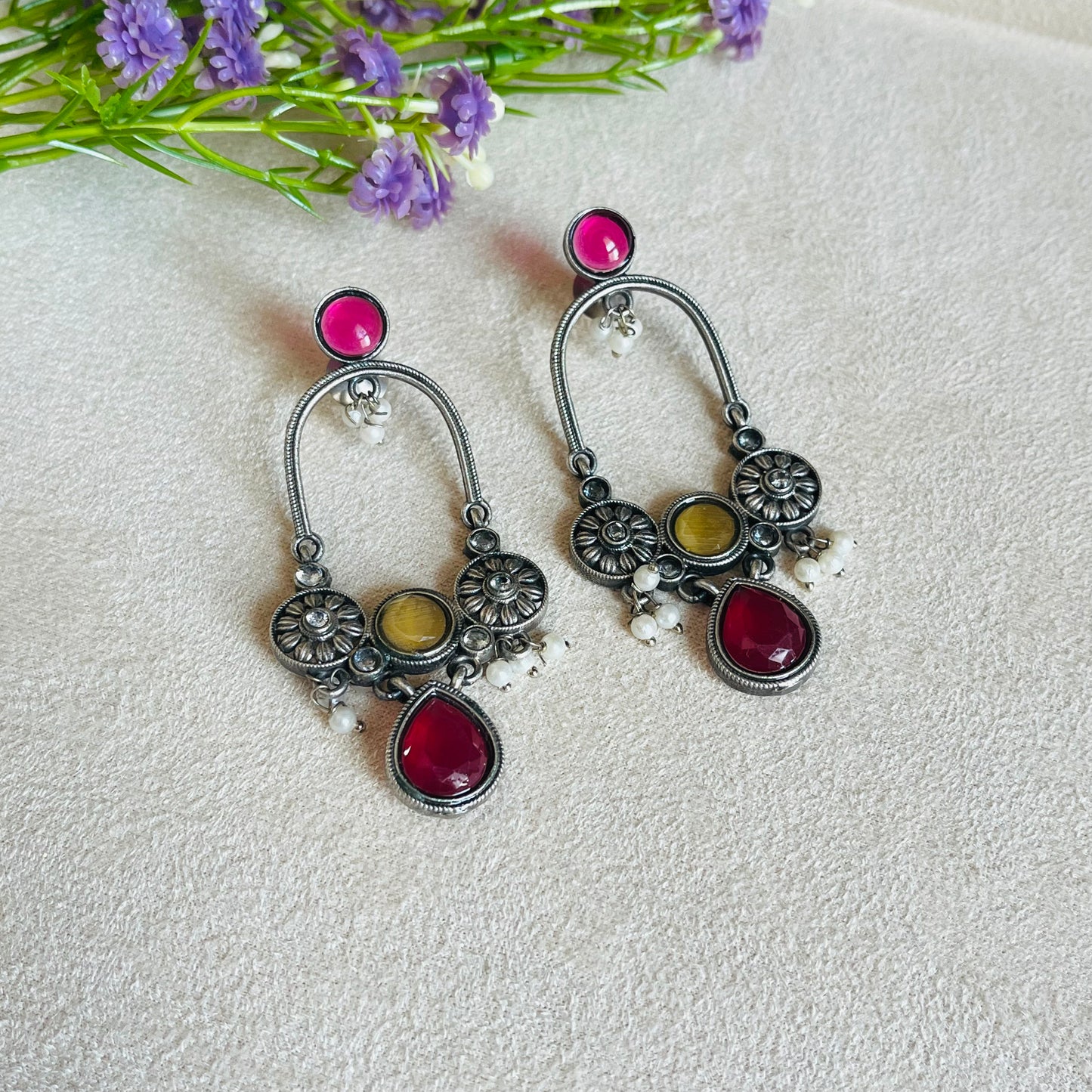 Ruby Pink & Yellow Stone Drop Earrings