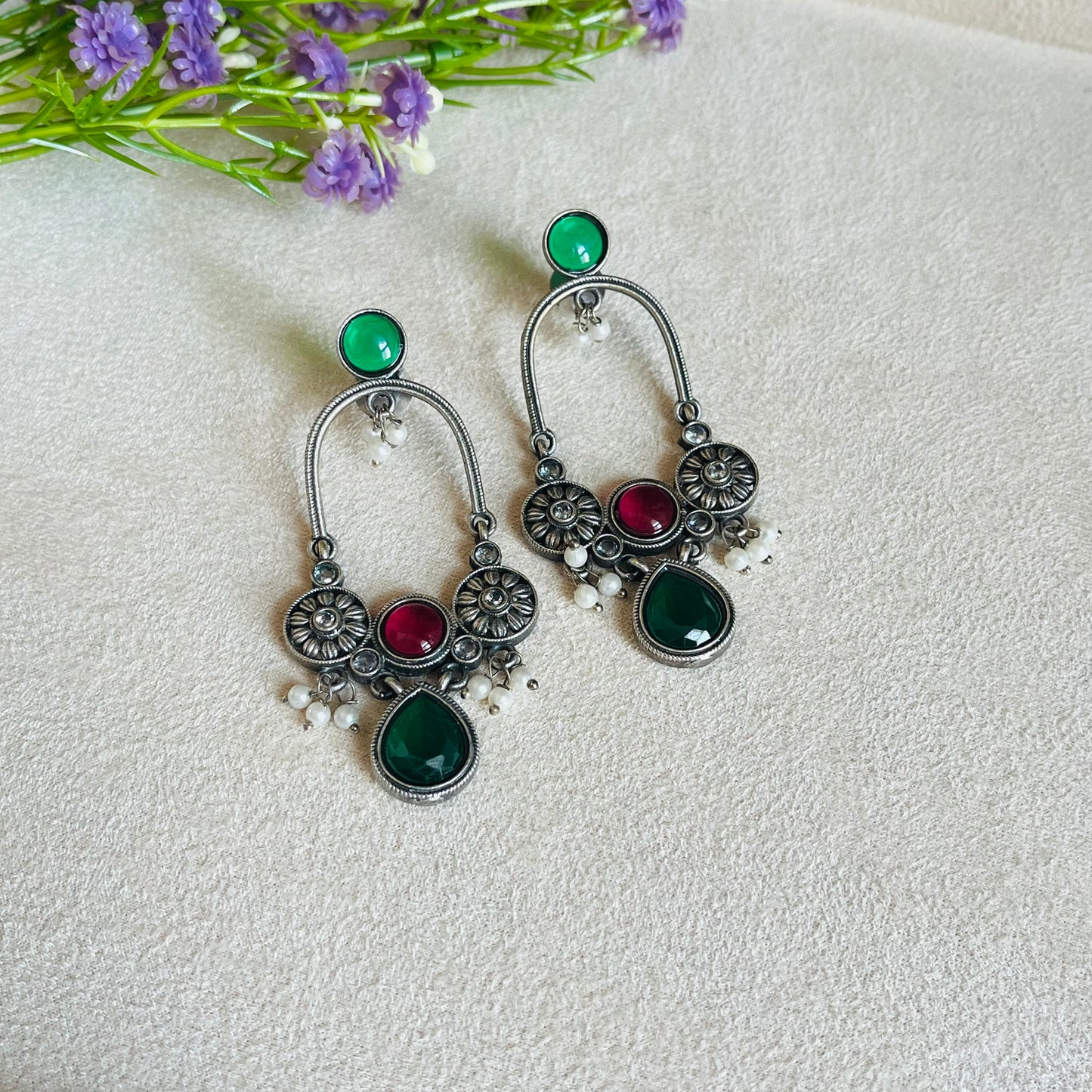 Green & Pink Stone Drop Earrings