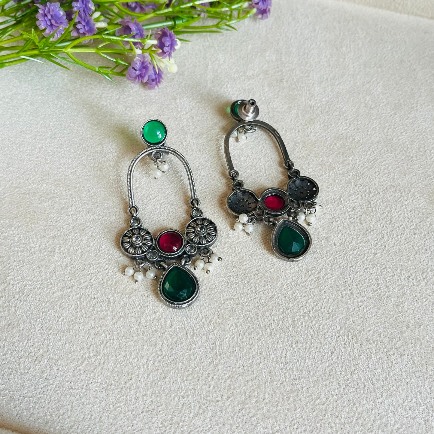 Green & Pink Stone Drop Earrings