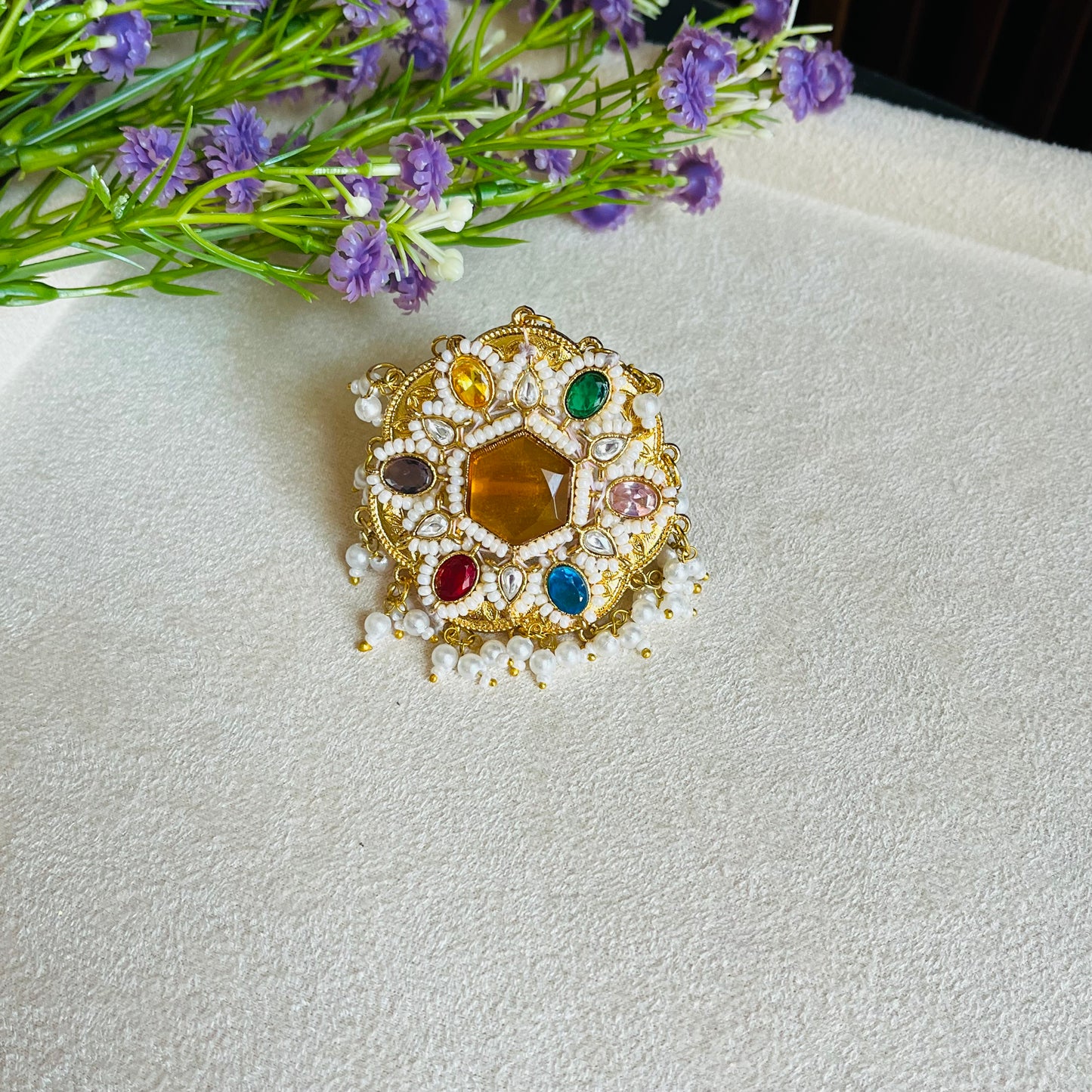 Brass Stone Pearl Finger Ring
