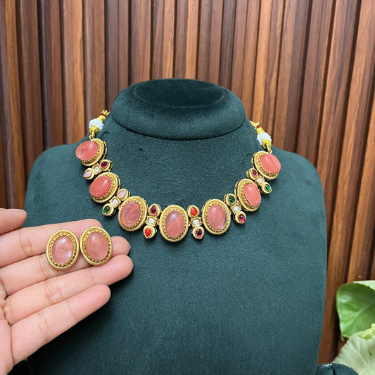 Peach Stone Choker Necklace Set
