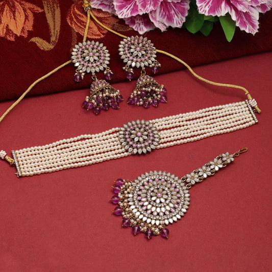 Purple Color Kundan Mirror Choker Set