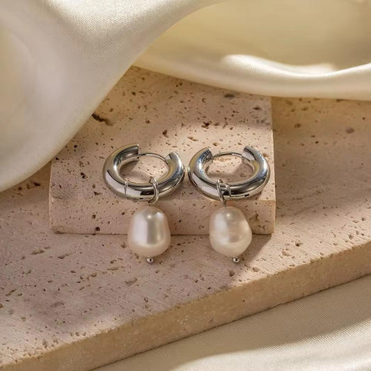 Luxe Pearl Silver Hoop Earrings