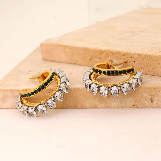 Double Layered Crystal Stone Hoop Earrings