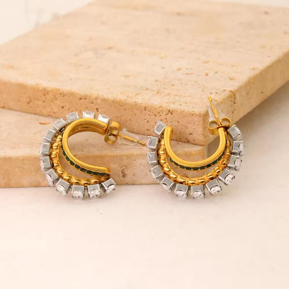 Double Layered Crystal Stone Hoop Earrings
