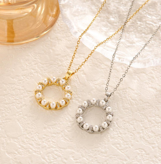 Gold Pearl Studded Ring Pendant Necklace