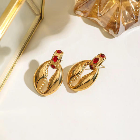 Red Stone Gold Cowrie Earrings