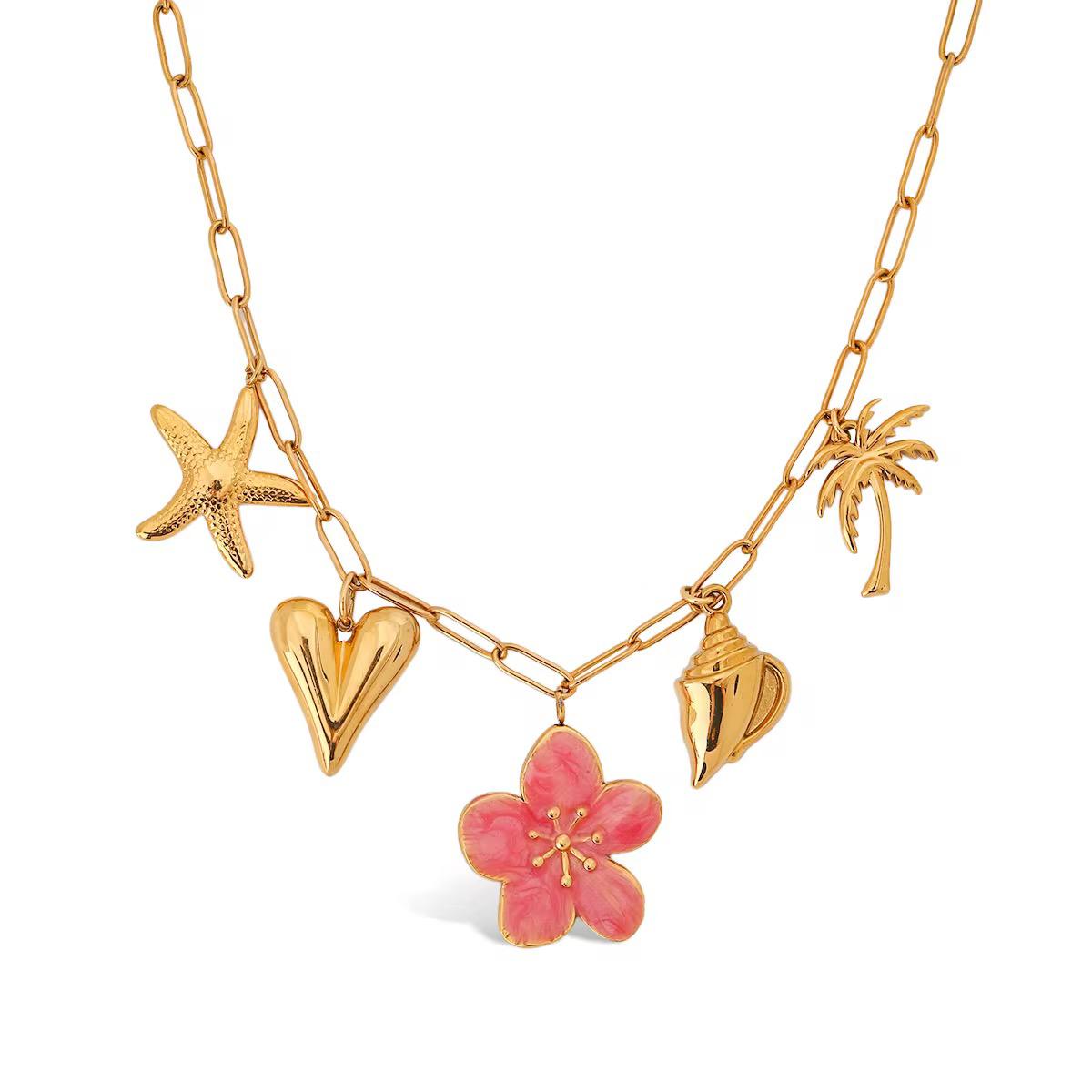 Pink Flower Gold Charms Chain Necklace