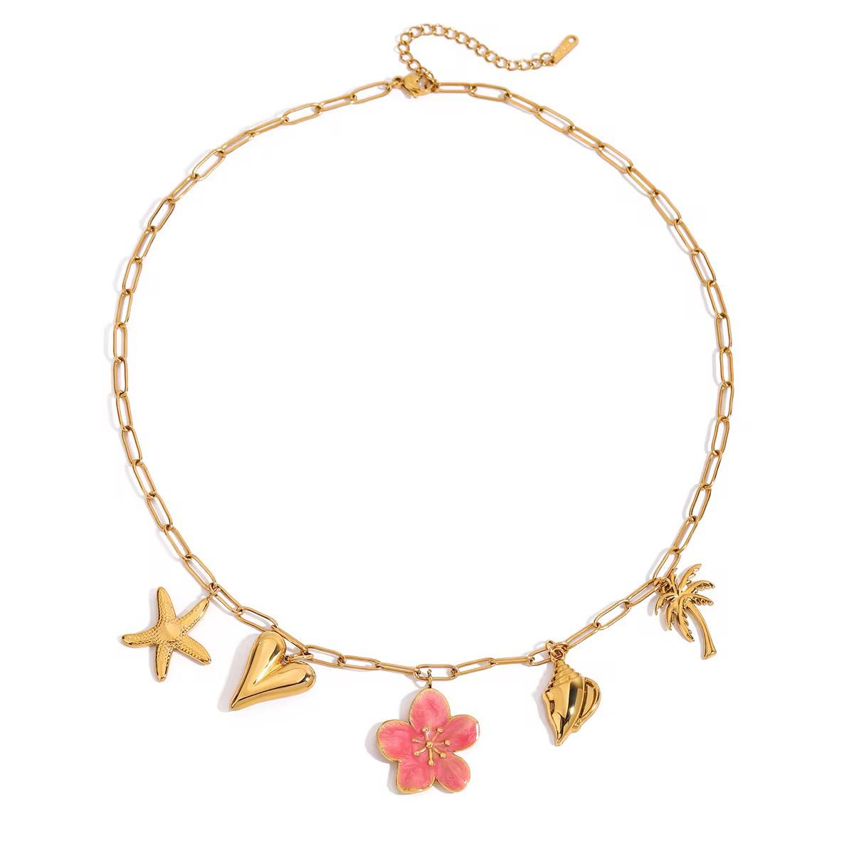 Pink Flower Gold Charms Chain Necklace