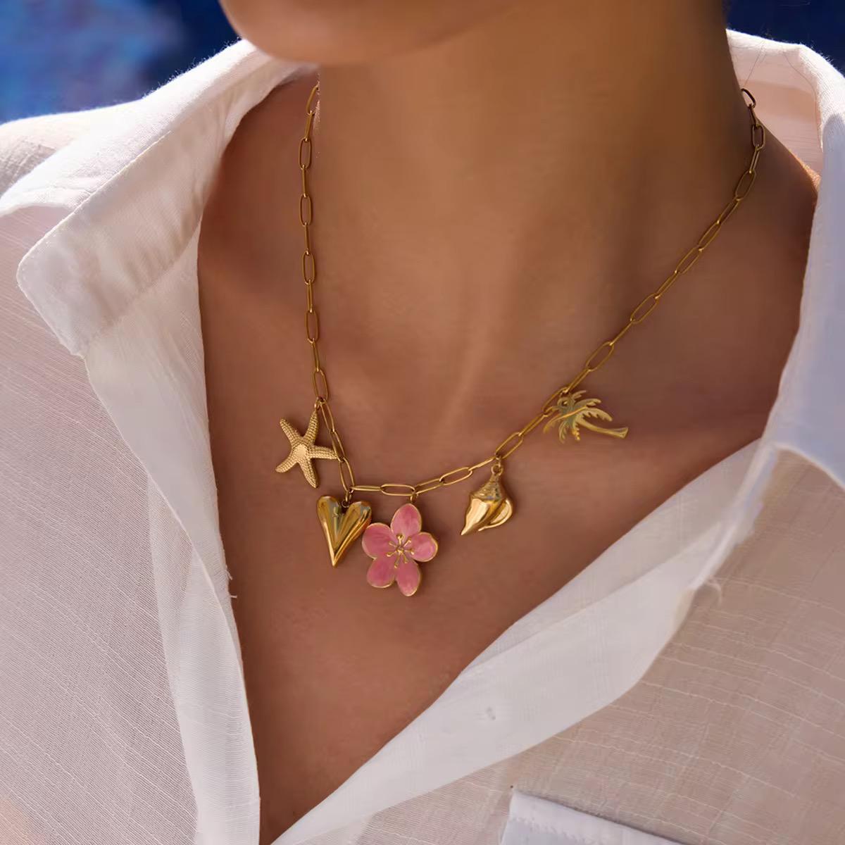 Pink Flower Gold Charms Chain Necklace