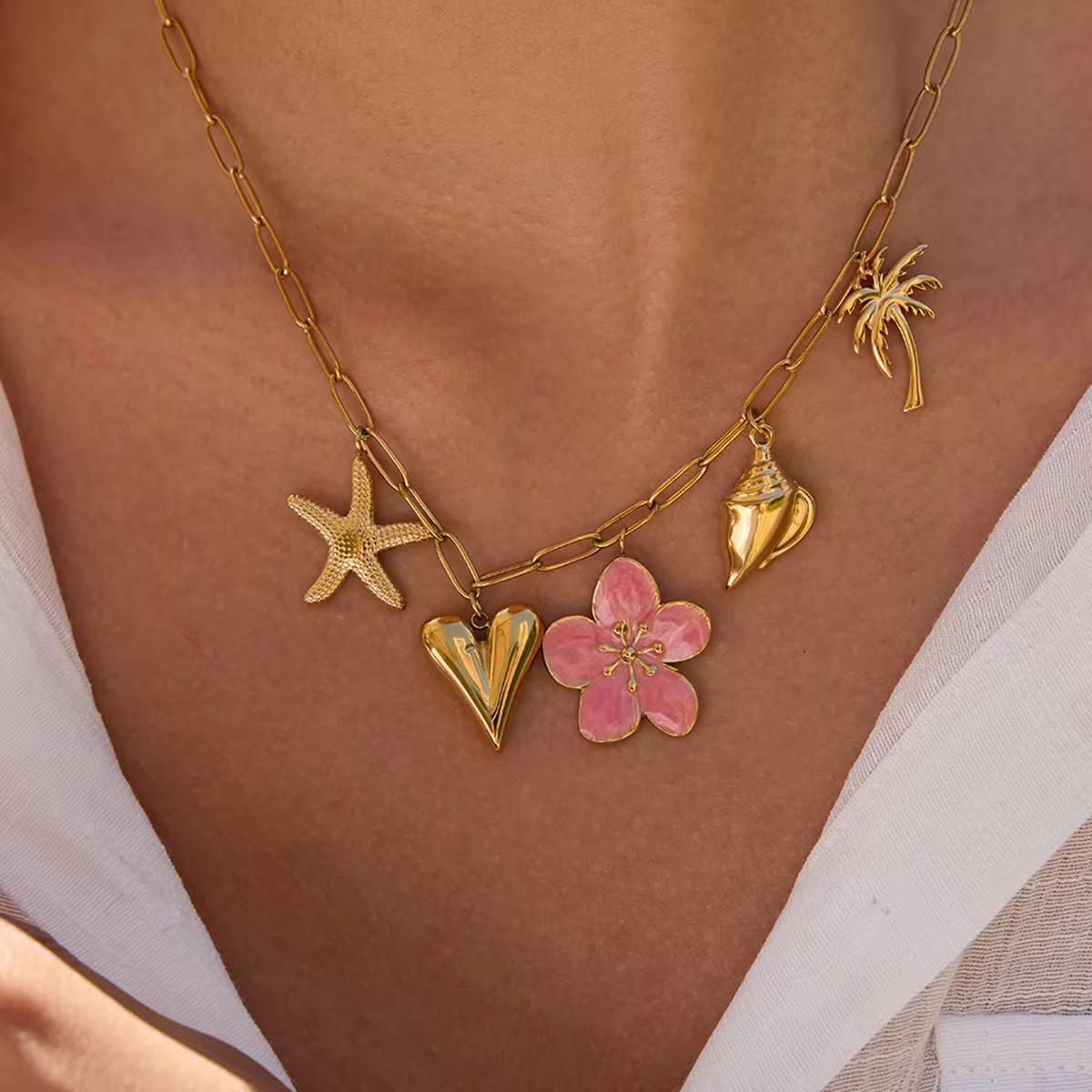 Pink Flower Gold Charms Chain Necklace