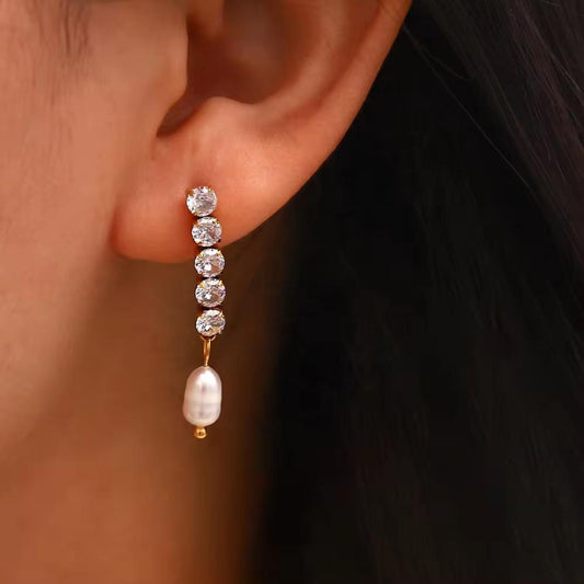 18k Gold Tennis Pearl Drop Earrings