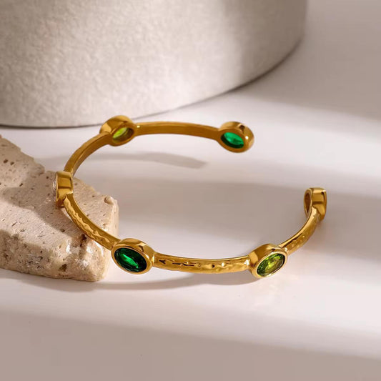 18K Gold Green Stone Cuff Bracelet