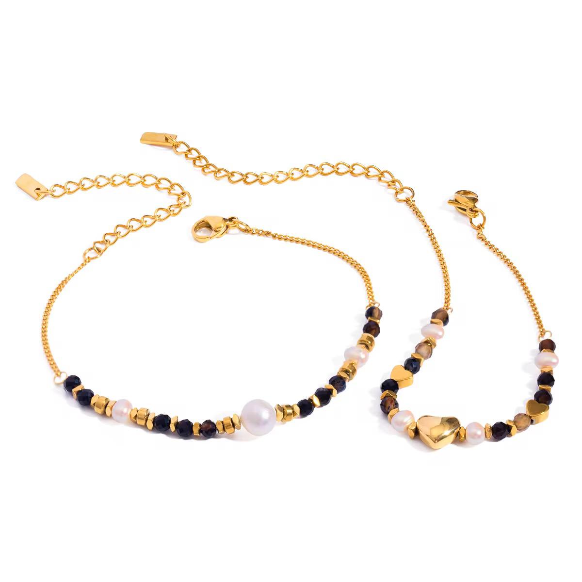 Pearl & Black Beads Chain Bracelet