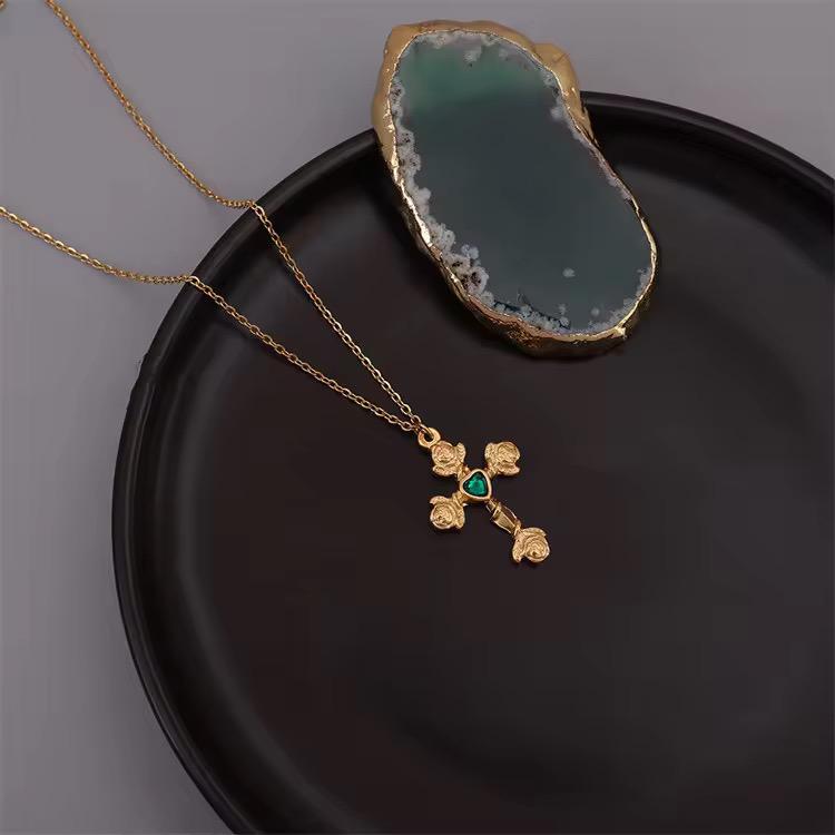 Green Stone Gold Cross Chain Necklace