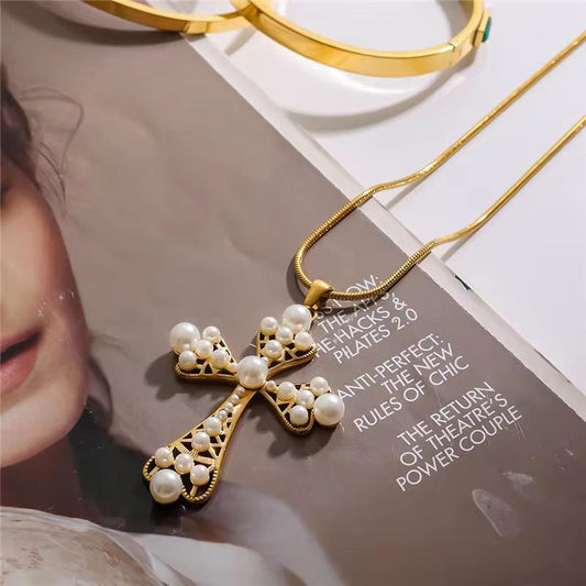 Pearl Cross Pendant Chain Necklace