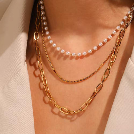 Gold & Pearl Layered Chain Necklace