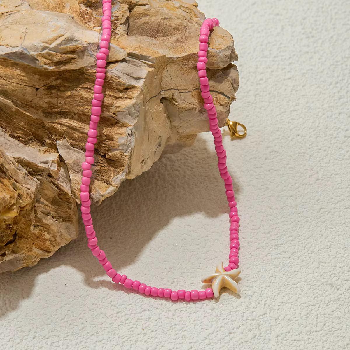White Star Pink Beads Chain Necklace