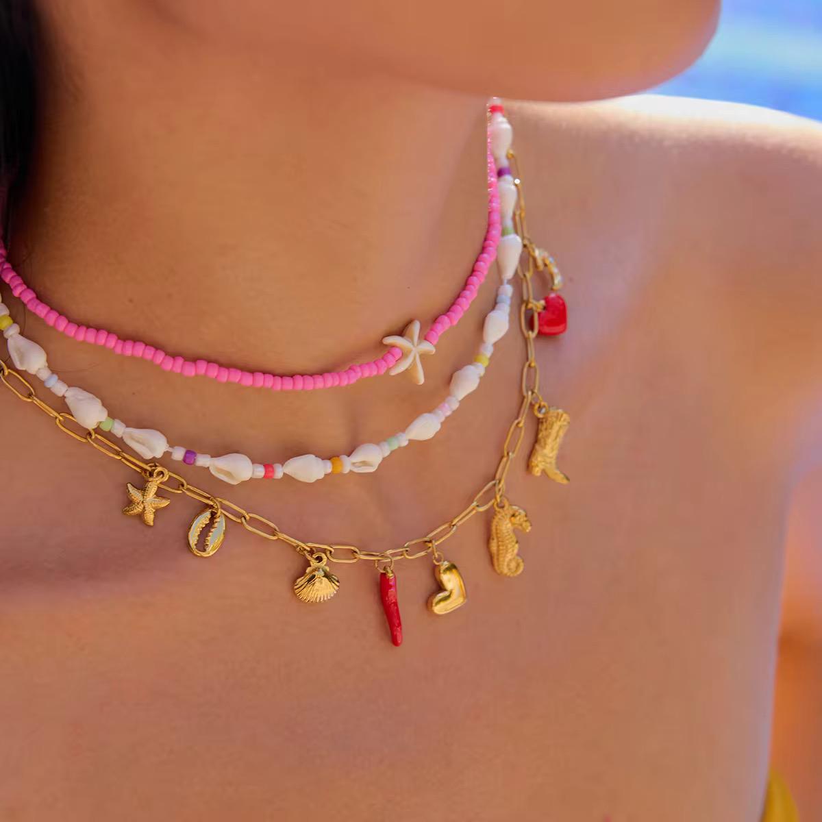 White Star Pink Beads Chain Necklace