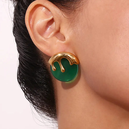 Green Stone Melting Studs Earrings