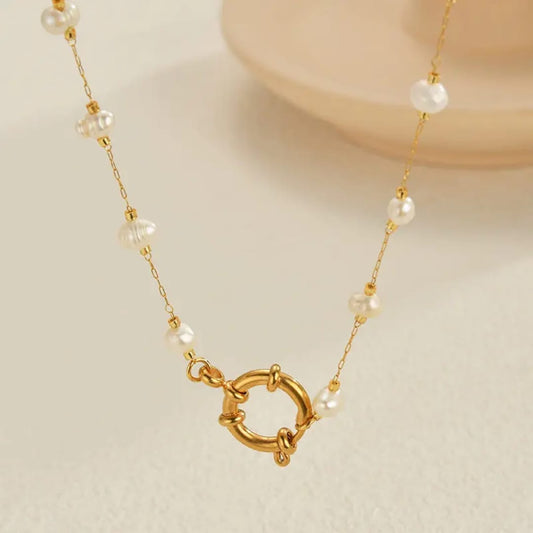 Gold Ring Pearl Chain Necklace