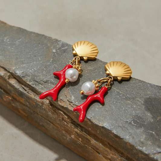 Red Coral Pearl Shell Earring