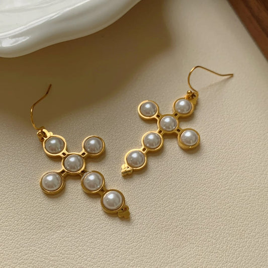 Pearl Cross Hook Earrings