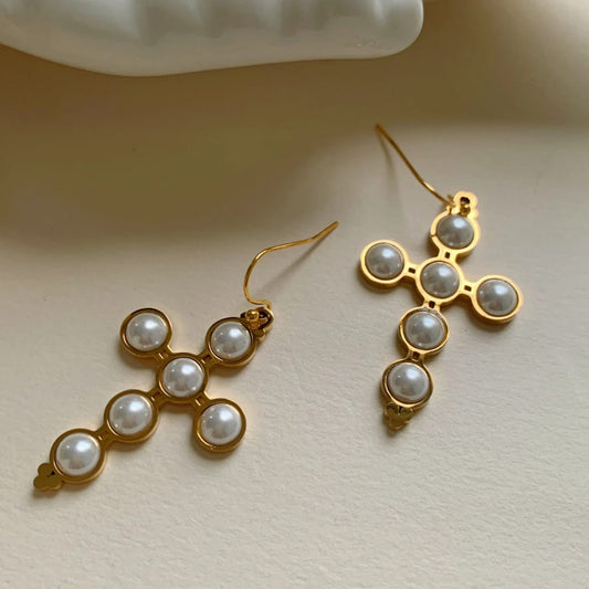 Pearl Cross Hook Earrings