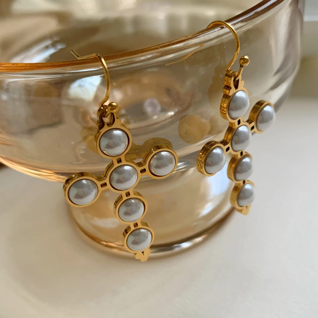 Pearl Cross Hook Earrings