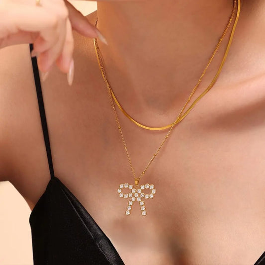 AD Studded Bow Chain Necklace