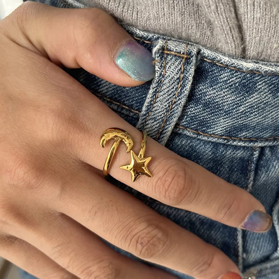 Star & Moon Gold Ring