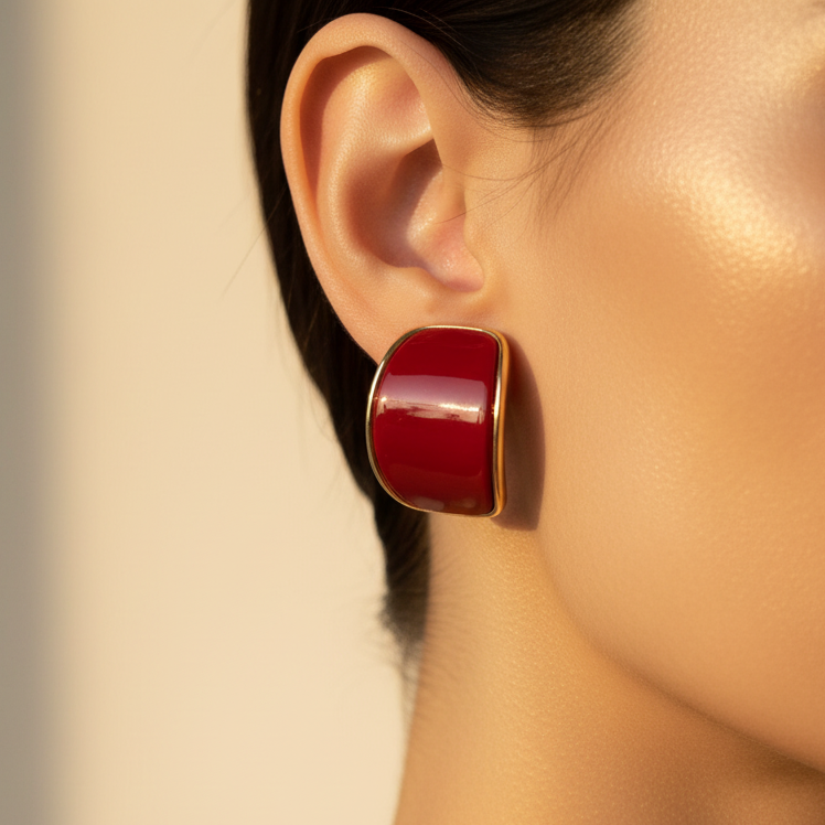 Curved Cherry Red Studs Earring