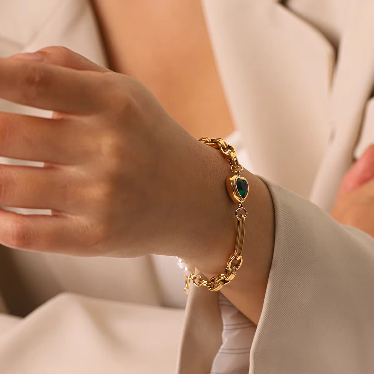 Fresh Water Pearl Green Heart Chain Bracelet