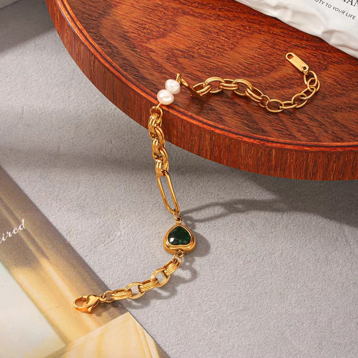 Fresh Water Pearl Green Heart Chain Bracelet