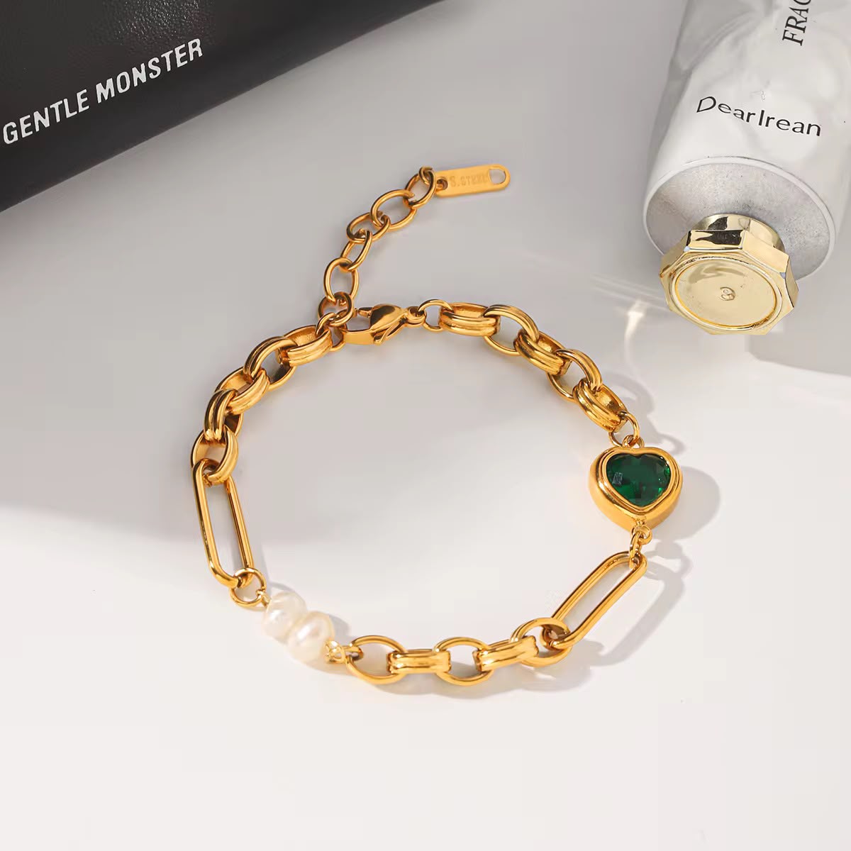 Fresh Water Pearl Green Heart Chain Bracelet