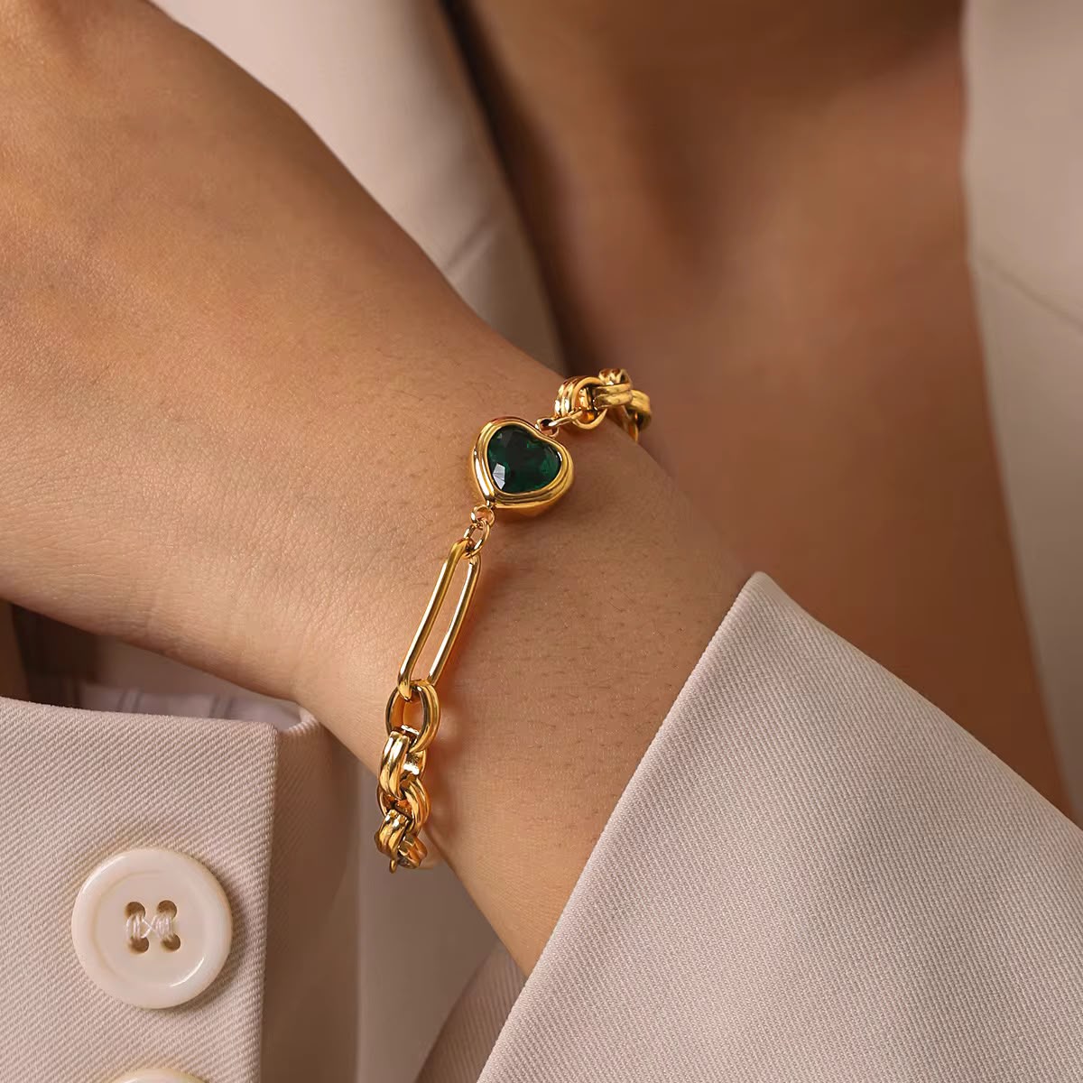 Fresh Water Pearl Green Heart Chain Bracelet