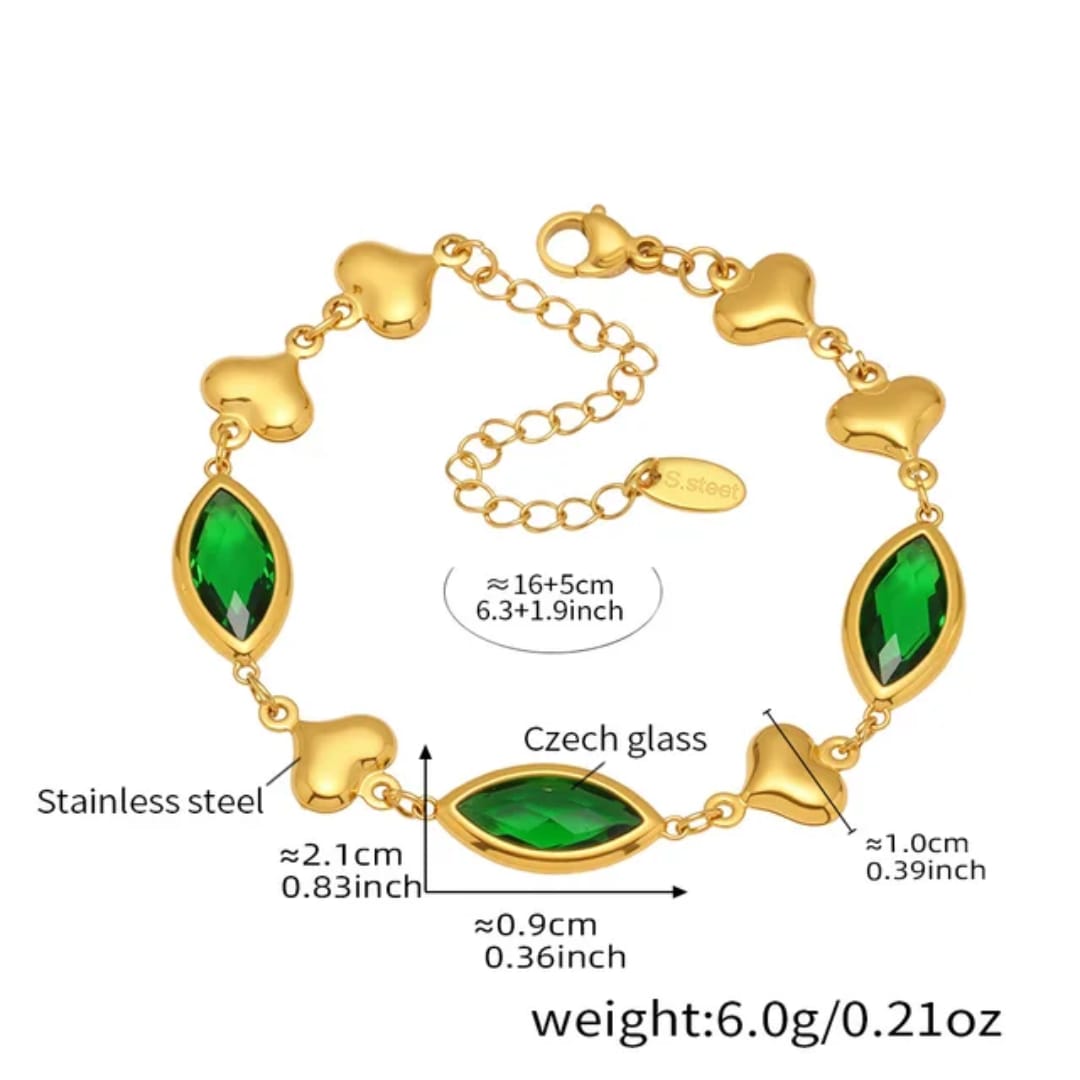 Green Marquise Cut Stone Heart Chain Bracelet