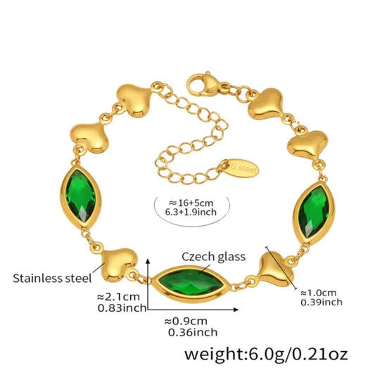 Green Marquise Cut Stone Heart Chain Bracelet