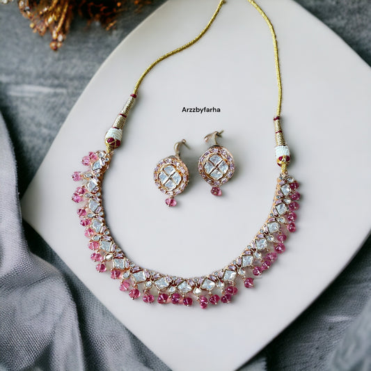 Moissanite Diamond with Pink Beads Necklace Set