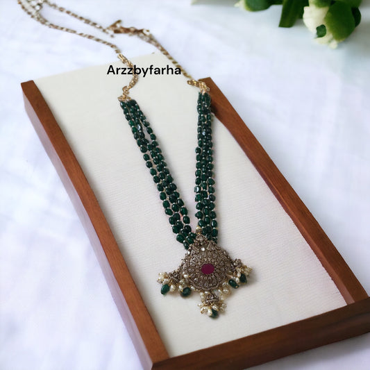 Green Beads Mala with Victorian Pendant Necklace