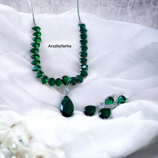 Emerald Green Stone Zircon Necklace Set