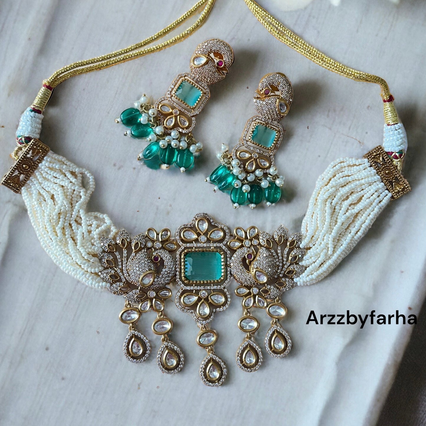 Peacock Sea Green Beaded Choker Set