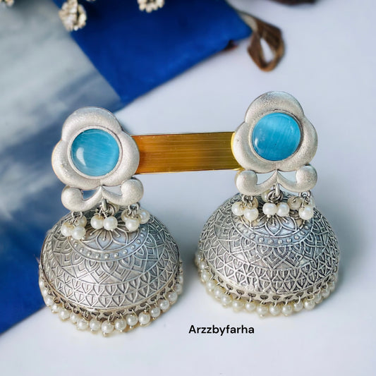 Sky Blue Oxidised Silver Jhumka