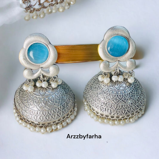 Sky Blue Oxidised Silver Jhumka