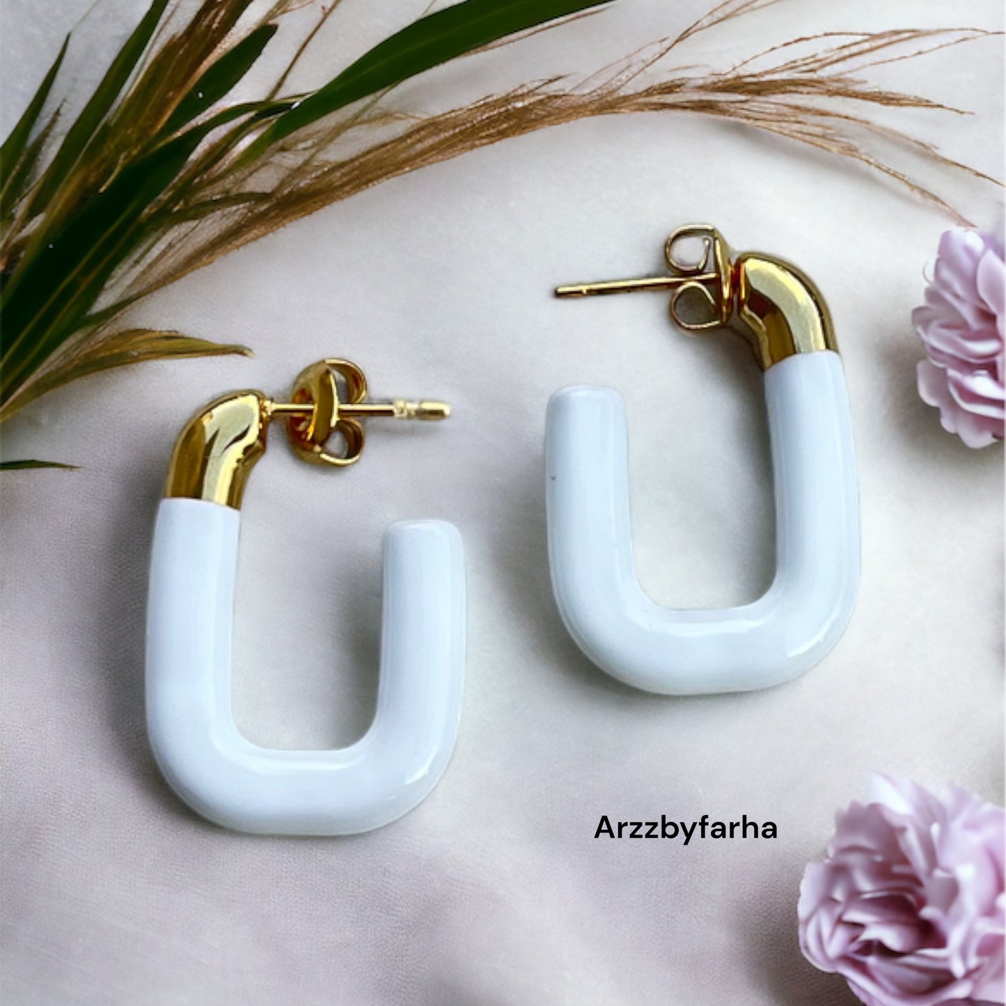 U Shaped White Hoop Earrings