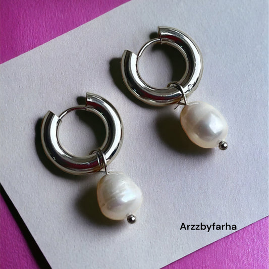 Luxe Pearl Silver Hoop Earrings