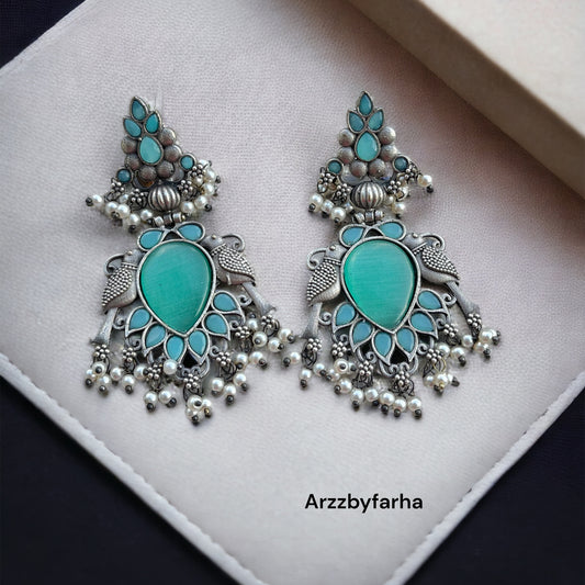 Sea Green Silver Brass Earrings