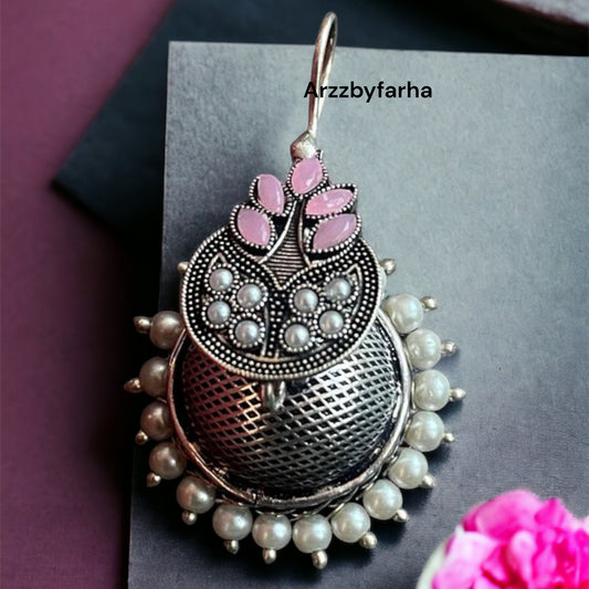 Pink Oxidised Jhumka Earrings